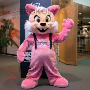 Pink Bobcat mascot costume character dressed with a Dungarees and Hairpins