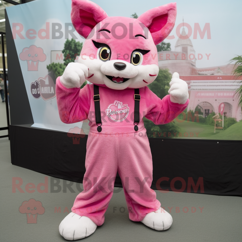 Pink Bobcat mascot costume character dressed with a Dungarees and Hairpins