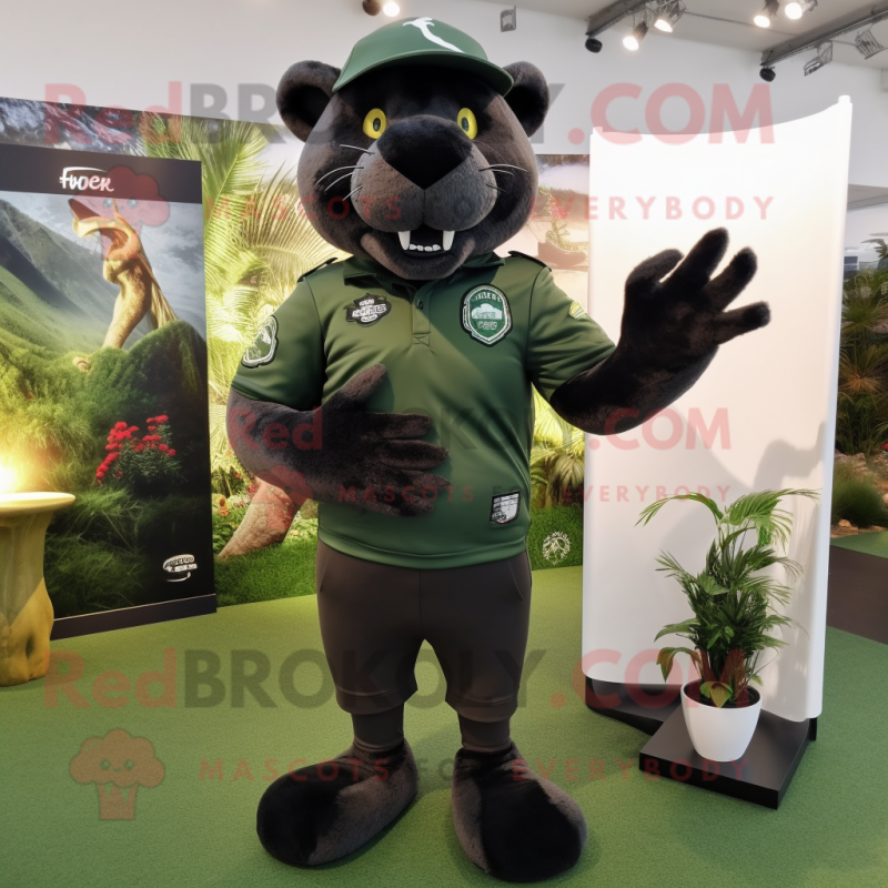 Olive Panther mascot costume character dressed with a Rugby Shirt and Hat pins Olive Panther mascot costume character dressed with a Rugby Shirt and Hat pins