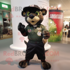 Olive Panther mascot costume character dressed with a Rugby Shirt and Hat pins