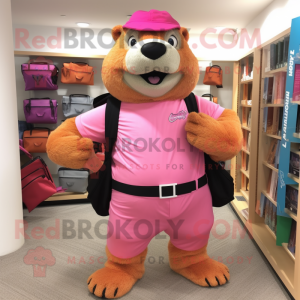 Pink Marmot mascot costume character dressed with a Bermuda Shorts and Messenger bags