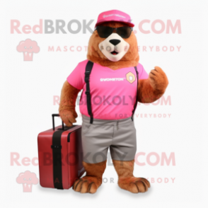 Pink Marmot mascot costume character dressed with a Bermuda Shorts and Messenger bags