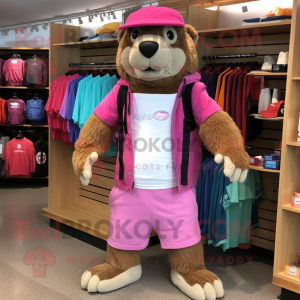 Pink Marmot mascot costume character dressed with a Bermuda Shorts and Messenger bags