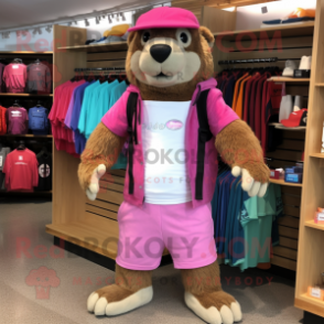 Pink Marmot mascot costume character dressed with a Bermuda Shorts and Messenger bags