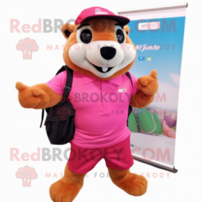 Pink Marmot mascot costume character dressed with a Bermuda Shorts and Messenger bags