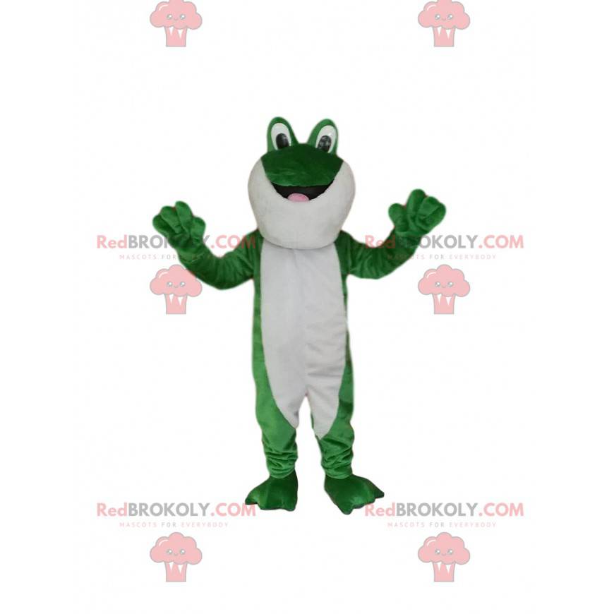 ¡Mascota de la rana verde y blanca con ojos muy abiertos! -