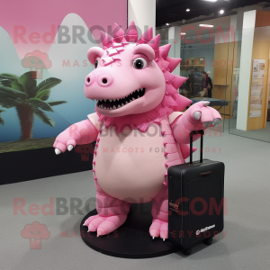 Pink Ankylosaurus mascot costume character dressed with a Pleated Skirt and Briefcases