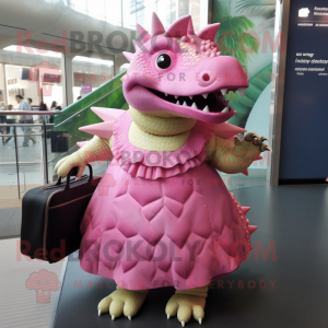 Pink Ankylosaurus mascot costume character dressed with a Pleated Skirt and Briefcases