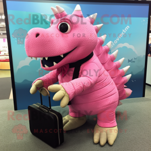 Pink Ankylosaurus mascot costume character dressed with a Pleated Skirt and Briefcases