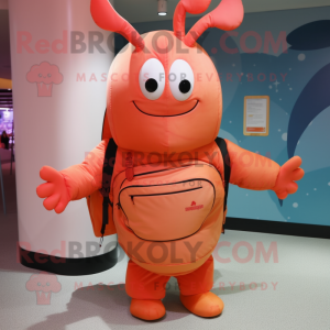 Peach Lobster Bisque mascot costume character dressed with a Cover-up and Backpacks