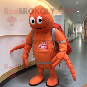 Peach Lobster Bisque mascot costume character dressed with a Cover-up and Backpacks