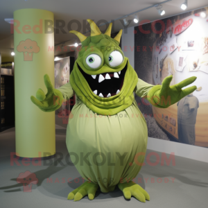 Olive Demon mascot costume character dressed with a Blouse and Rings