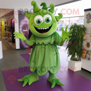 Olive Demon mascot costume character dressed with a Blouse and Rings