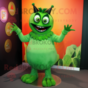 Olive Demon mascot costume character dressed with a Blouse and Rings