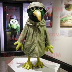 Olive Crow mascot costume character dressed with a Raincoat and Wraps