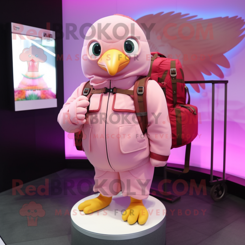 Pink Pigeon mascot costume character dressed with a Parka and Backpacks Pink Pigeon mascot costume character dressed with a Parka and Backpacks