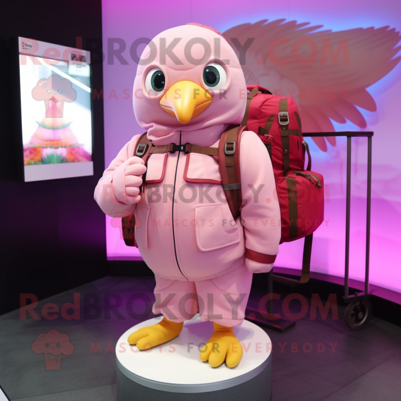 Pink Pigeon mascot costume character dressed with a Parka and Backpacks