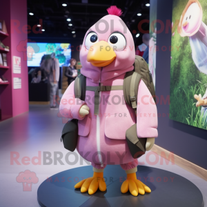 Pink Pigeon mascot costume character dressed with a Parka and Backpacks