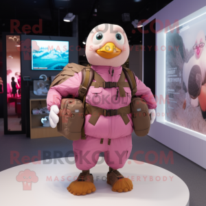 Pink Pigeon mascot costume character dressed with a Parka and Backpacks