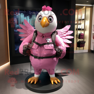Pink Pigeon mascot costume character dressed with a Parka and Backpacks