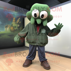 Forest Green Octopus mascot costume character dressed with a Bomber Jacket and Shoe clips