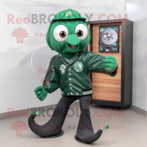 Forest Green Octopus mascot costume character dressed with a Bomber Jacket and Shoe clips