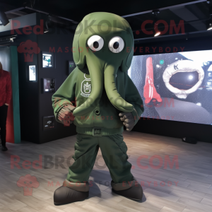 Forest Green Octopus mascot costume character dressed with a Bomber Jacket and Shoe clips