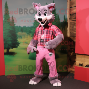 Pink Wolf mascot costume character dressed with a Flannel Shirt and Clutch bags