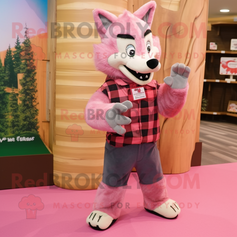 Pink Wolf mascot costume character dressed with a Flannel Shirt and Clutch bags