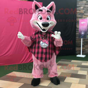 Pink Wolf mascot costume character dressed with a Flannel Shirt and Clutch bags