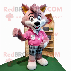 Pink Wolf mascot costume character dressed with a Flannel Shirt and Clutch bags