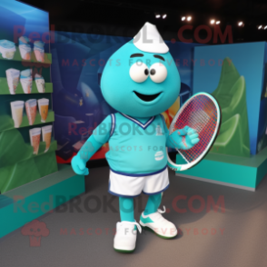 Turquoise Tennis Racket mascot costume character dressed with a Rugby Shirt and Tote bags