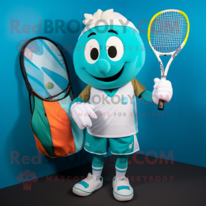 Turquoise Tennis Racket mascot costume character dressed with a Rugby Shirt and Tote bags