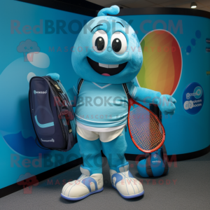 Turquoise Tennis Racket mascot costume character dressed with a Rugby Shirt and Tote bags