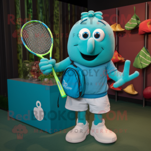 Turquoise Tennis Racket mascot costume character dressed with a Rugby Shirt and Tote bags