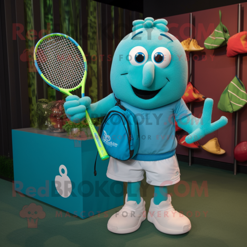 Turquoise Tennis Racket mascot costume character dressed with a Rugby Shirt and Tote bags Turquoise Tennis Racket mascot costume character dressed with a Rugby Shirt and Tote bags