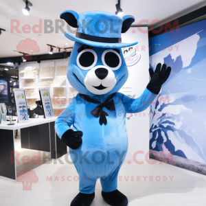Sky Blue Reindeer mascot costume character dressed with a Tuxedo and Berets