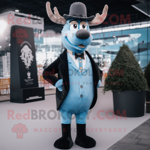 Sky Blue Reindeer mascot costume character dressed with a Tuxedo and Berets