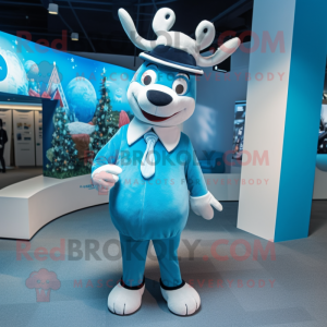 Sky Blue Reindeer mascot costume character dressed with a Tuxedo and Berets