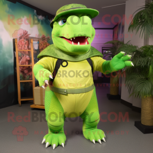 Lime Green Ankylosaurus mascot costume character dressed with a Cargo Pants and Caps