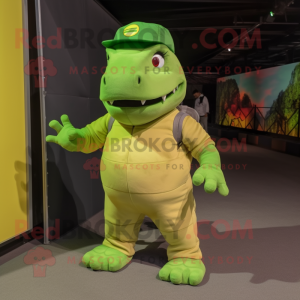 Lime Green Ankylosaurus mascot costume character dressed with a Cargo Pants and Caps