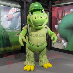 Lime Green Ankylosaurus mascot costume character dressed with a Cargo Pants and Caps