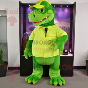 Lime Green Ankylosaurus mascot costume character dressed with a Cargo Pants and Caps