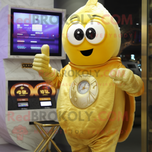 Gold Shakshuka mascot costume character dressed with a Sweatshirt and Digital watches