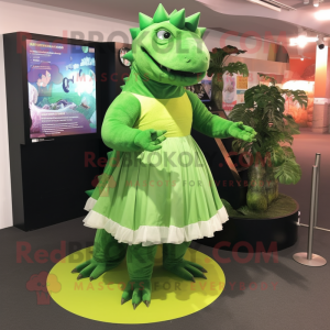 Green Ankylosaurus mascot costume character dressed with a Shift Dress and Foot pads