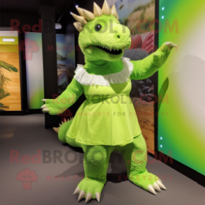 Green Ankylosaurus mascot costume character dressed with a Shift Dress and Foot pads