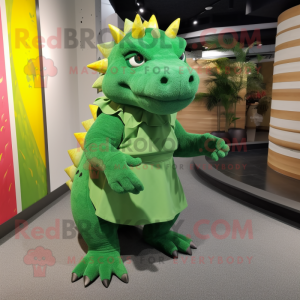 Green Ankylosaurus mascot costume character dressed with a Shift Dress and Foot pads