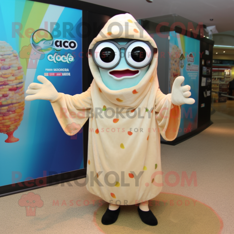 Beige Ceviche mascot costume character dressed with a Cover-up and Eyeglasses Beige Ceviche mascot costume character dressed with a Cover-up and Eyeglasses