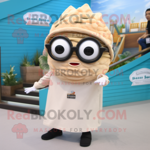 Beige Ceviche mascot costume character dressed with a Cover-up and Eyeglasses