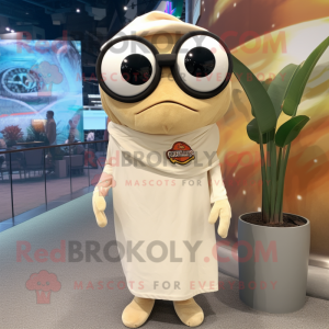 Beige Ceviche mascot costume character dressed with a Cover-up and Eyeglasses